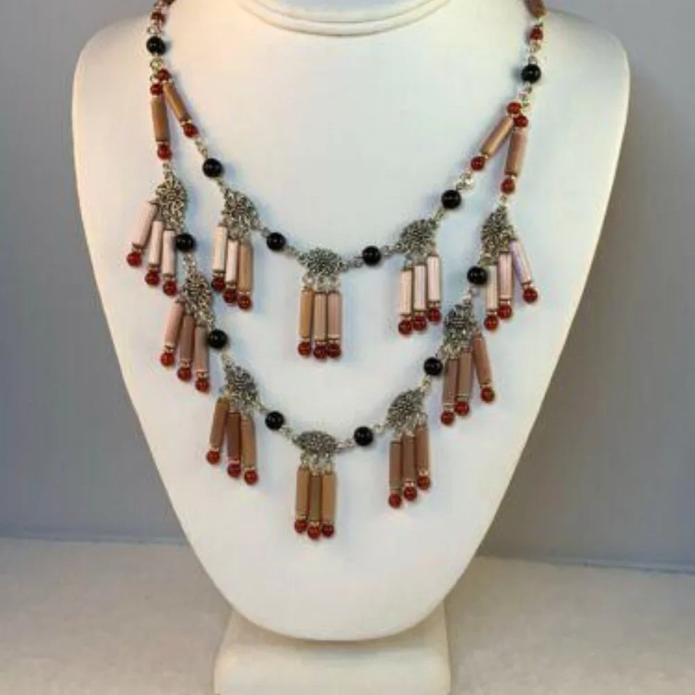 Double Strand Silver Tone Chandelier Beaded Bib Necklace (NA120) - Picture 5 of 5